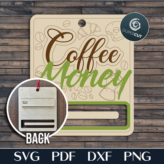 Coffee money cash holder Christmas ornament, personalized gift, laser cut vector SVG files template for Glowforge, Xtool, Falcon, Cricut, CNC plasma machines by www.DuperCut.com