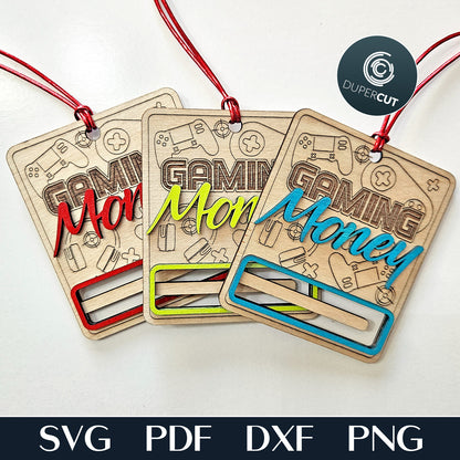 Gamer gift money holder Christmas ornament, personalized gift, laser cut vector SVG files template for Glowforge, Xtool, Falcon, Cricut, CNC plasma machines by www.DuperCut.com