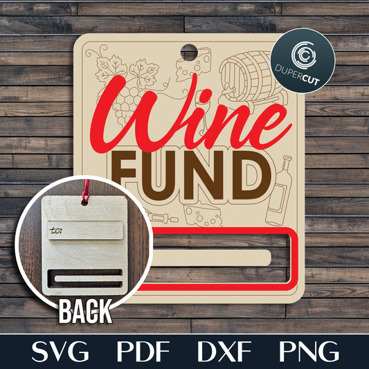 Wine Fund money holder Christmas ornament, personalized gift, laser cut vector SVG files template for Glowforge, Xtool, Falcon, Cricut, CNC plasma machines by www.DuperCut.com