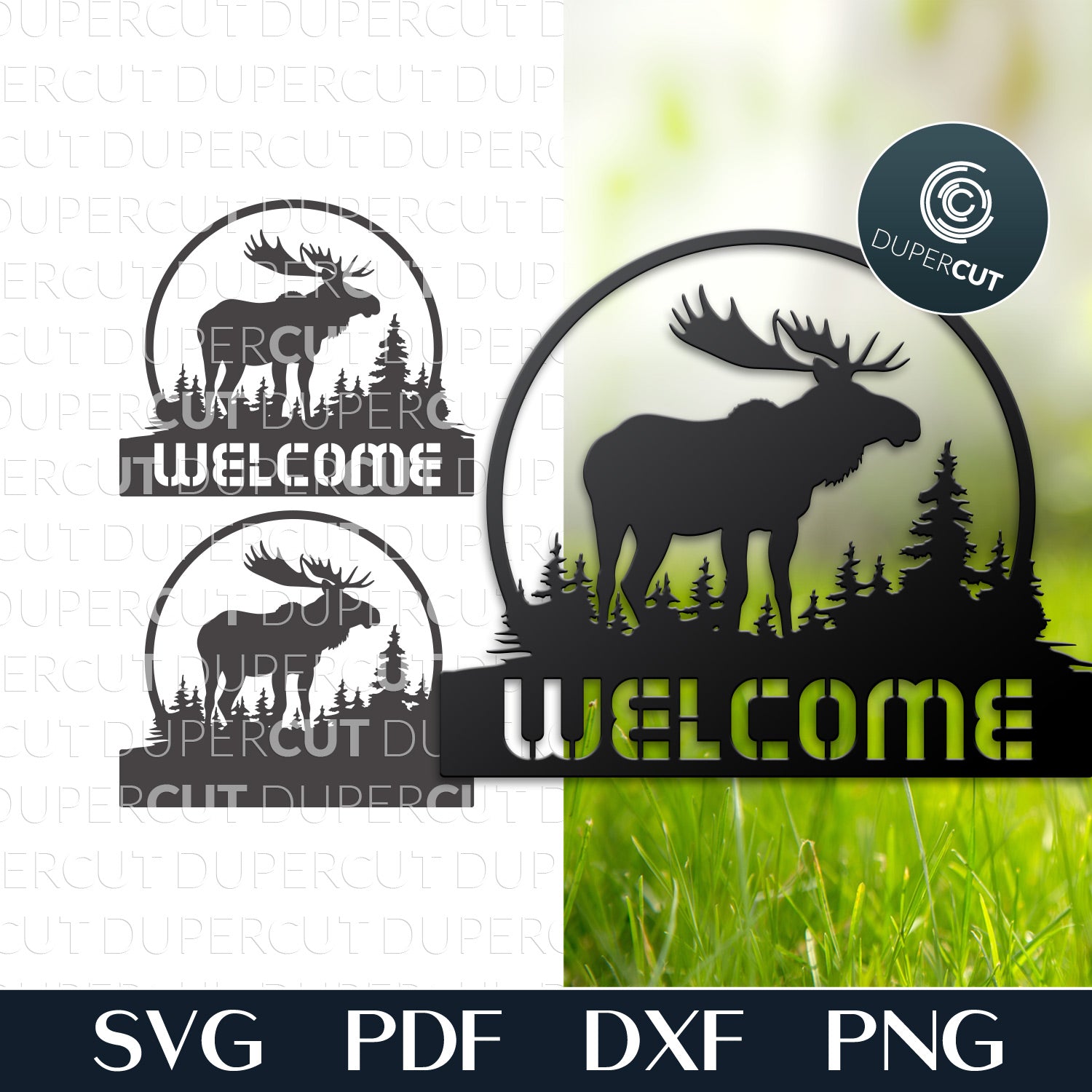 Moose in the woods wilderness welcome sign - SVG DXF vector template for Glowforge, Cricut, X-tool, cnc plasma machines, scroll saw pattern by www.DuperCut.com
