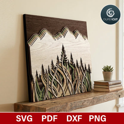 Mountain woods scene multi-layer laser cut SVG files for Glowforge, Xtool, Cricut, CNC plasma machines, scroll saw pattern by www.dupercut.com