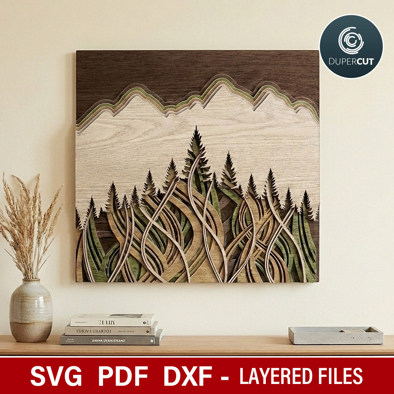 Mountain woods scene multi-layer laser cut SVG files for Glowforge, Xtool, Cricut, CNC plasma machines, scroll saw pattern by www.dupercut.com