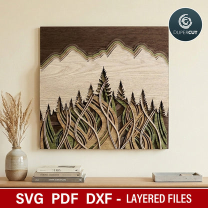 Mountain woods scene multi-layer laser cut SVG files for Glowforge, Xtool, Cricut, CNC plasma machines, scroll saw pattern by www.dupercut.com