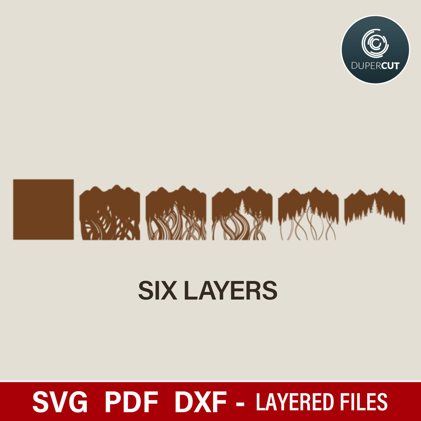 Mountain woods scene multi-layer laser cut SVG files for Glowforge, Xtool, Cricut, CNC plasma machines, scroll saw pattern by www.dupercut.com