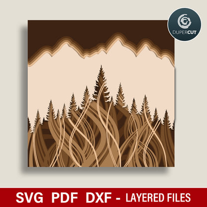 Mountain woods scene multi-layer laser cut SVG files for Glowforge, Xtool, Cricut, CNC plasma machines, scroll saw pattern by www.dupercut.com