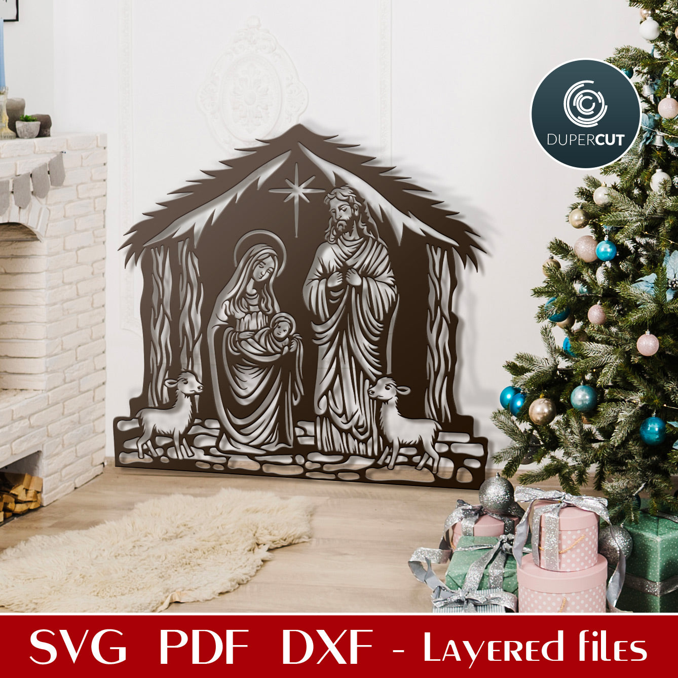 Christmas Nativity scene birth of Jesus papercutting template - SVG DXF vector layered files for laser cutting Glowforge, Cricut, CNC plasma machines by www.dupercut.com