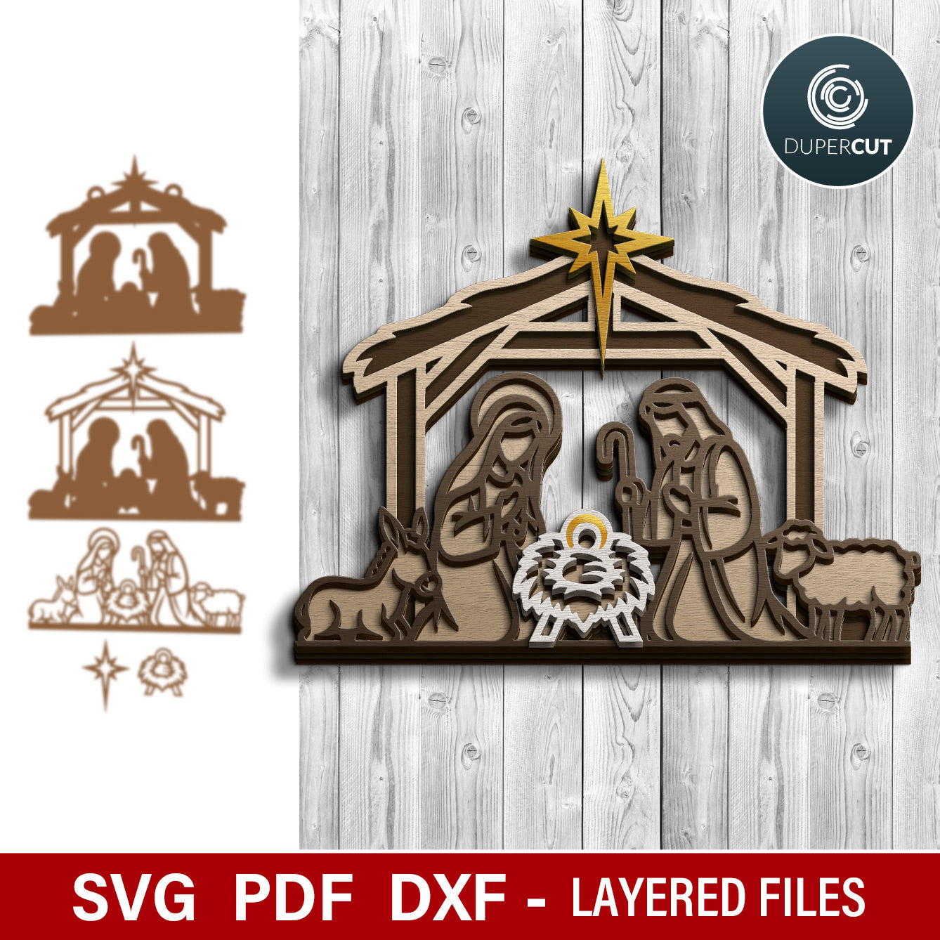 3d Christmas Nativity Scene layered vector files for laser cutting SVG DXF template for Glowforge, Xtool, CNC plasma machines by www.DuperCut.com