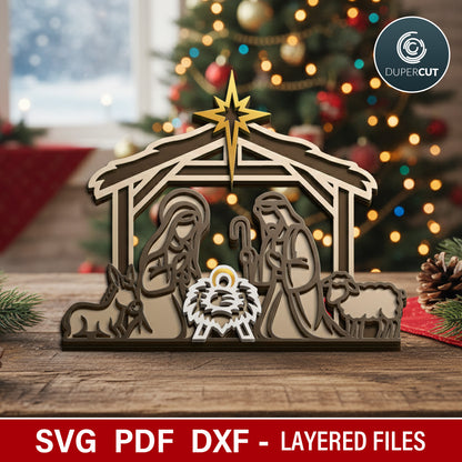 Wooden nativity scene with Mary, Joseph, and baby Jesus in front of a Christmas tree vector files for laser cutting SVG DXF template for Glowforge, Xtool, CNC plasma machines by www.DuperCut.com