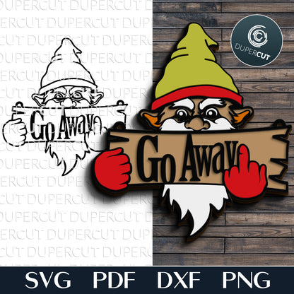 Naughty gnome showing a finger Go Away sign - funny DIY door hangers - SVG DXF layered cutting files for laser Glowforge, Xtool, Cricut, CNC plasma machines, scroll saw pattern by www.DuperCut.com
