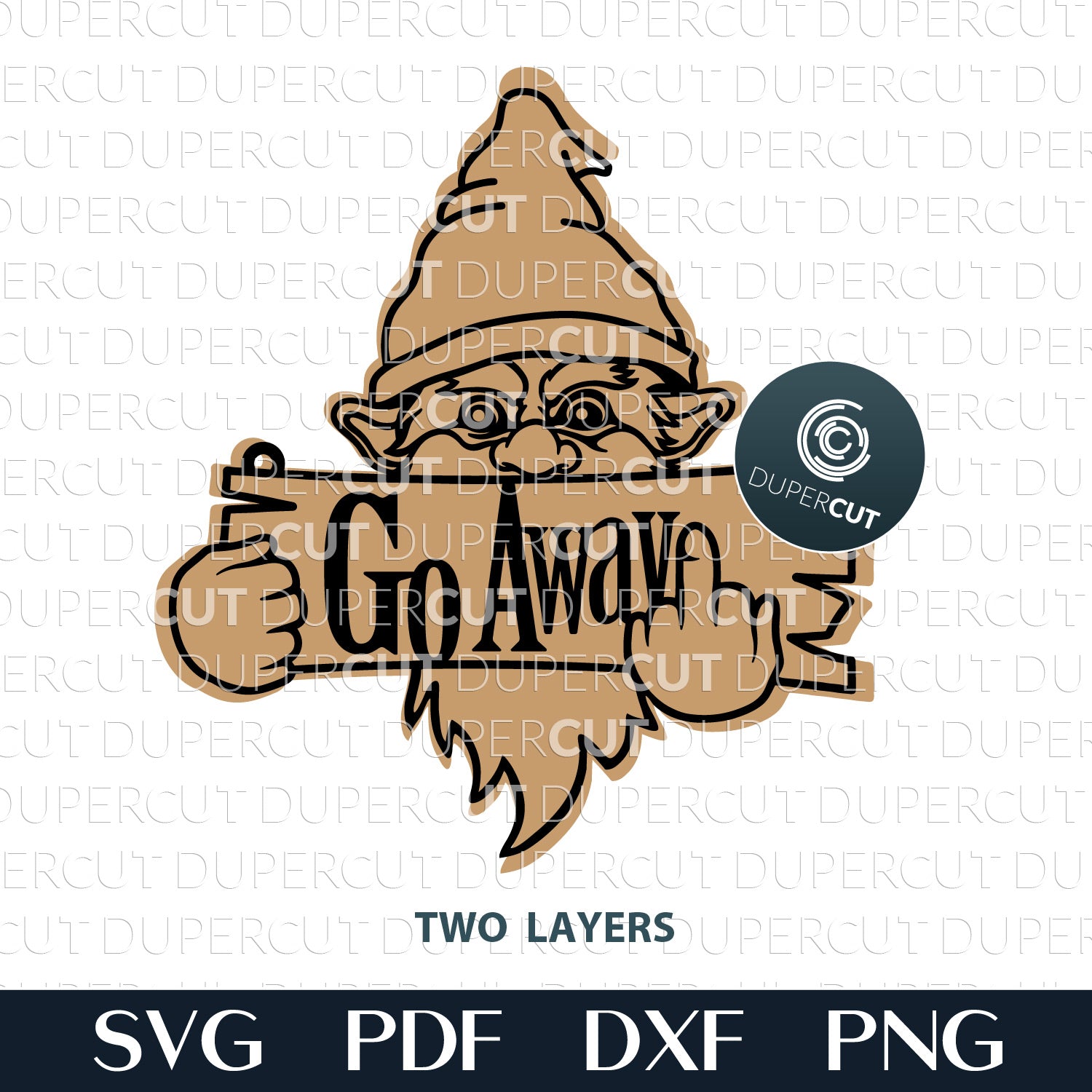 Naughty gnome giving a finger "Go Away" sign door hanger, SVG DXF layered laser cutting files for Glowforge, Cricut, Xtool, CNC plasma machines, scroll saw pattern by www.DuperCut.com