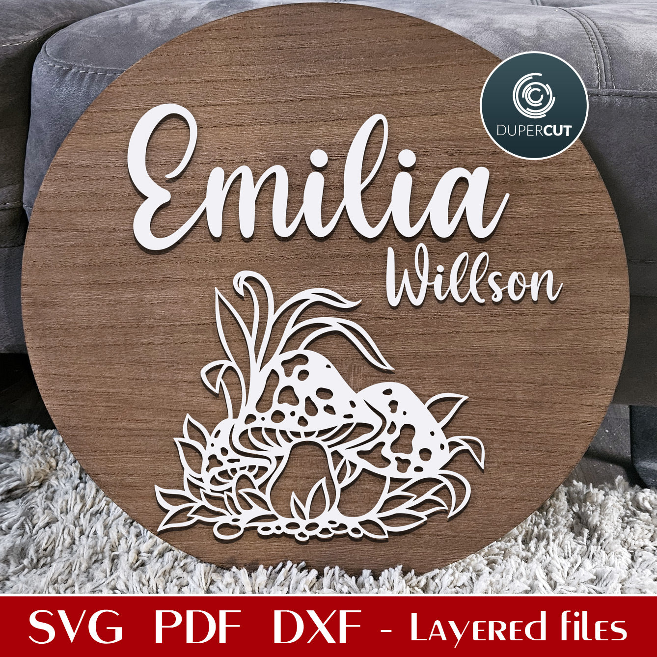 Nursery round name sign, cute mushrooms floral theme rose wall decor for girls - SVG layered personalized file laser cut template for Glowforge, Xtool, Cricut by www.DuperCut.com