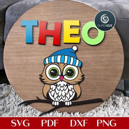 Cute baby owl in hat, personalized nursery name sign SVG DXF layered file for Glowforge, Xtool, Cricut by www.DuperCut.com
