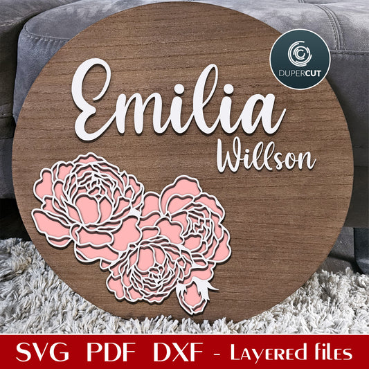 Nursery round name sign, peony chrysenthamum  floral theme rose wall decor for girls - SVG layered personalized file laser cut template for Glowforge, Xtool, Cricut by www.DuperCut.com