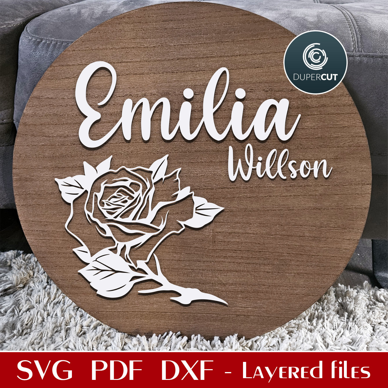 Nursery round name sign, floral theme rose wall decor for girls - SVG layered personalized file laser cut template for Glowforge, Xtool, Cricut by www.DuperCut.com