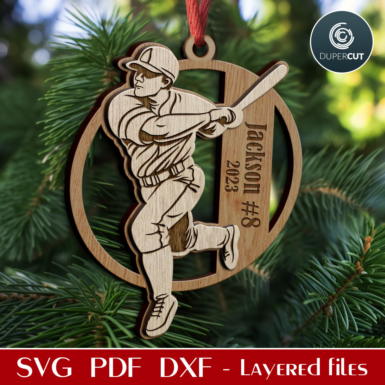 Baseball player sport personalized Christmas ornament, cut and engrave - SVG vector layered file for Glowforge, Cricut, CNC plasma machines by www.DuperCut.com