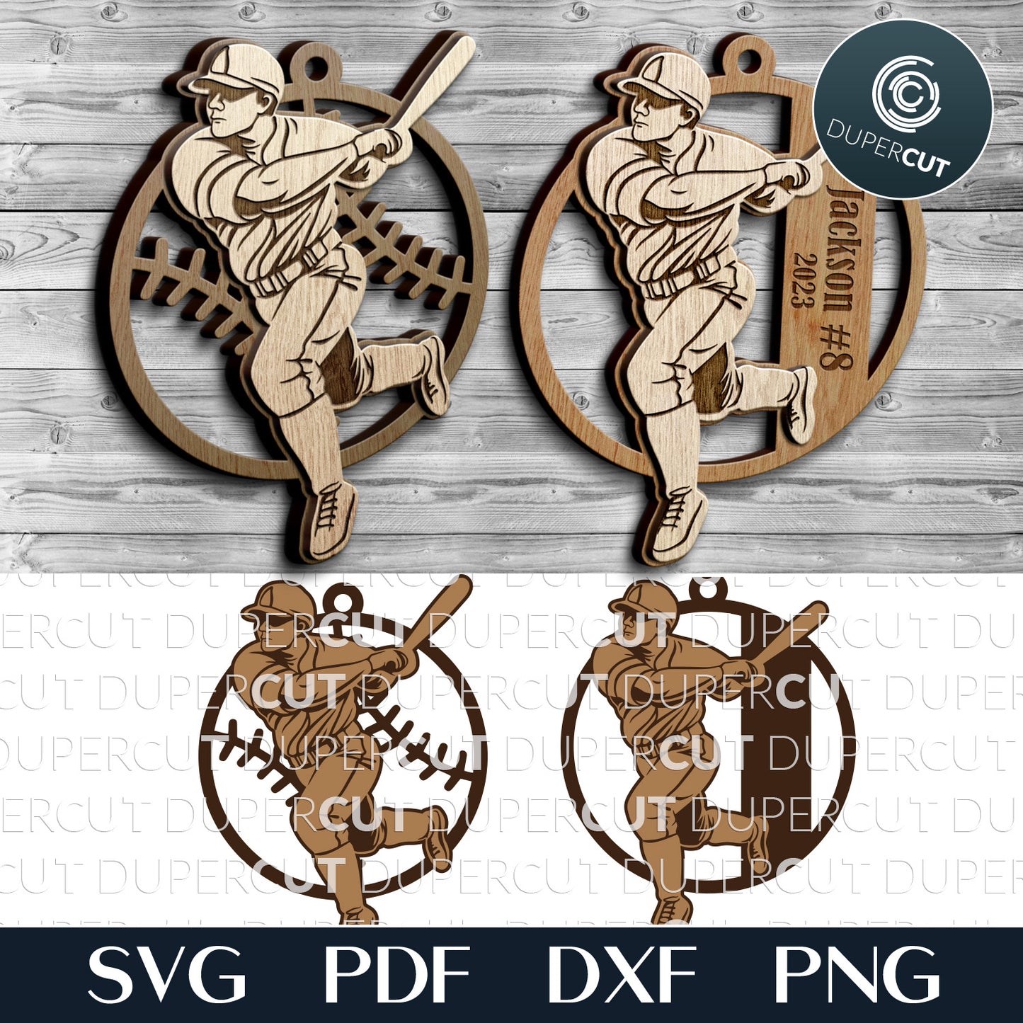 Baseball player personalized Christmas ornament - SVG vector layered file for Glowforge, Cricut, CNC plasma machines by www.DuperCut.com