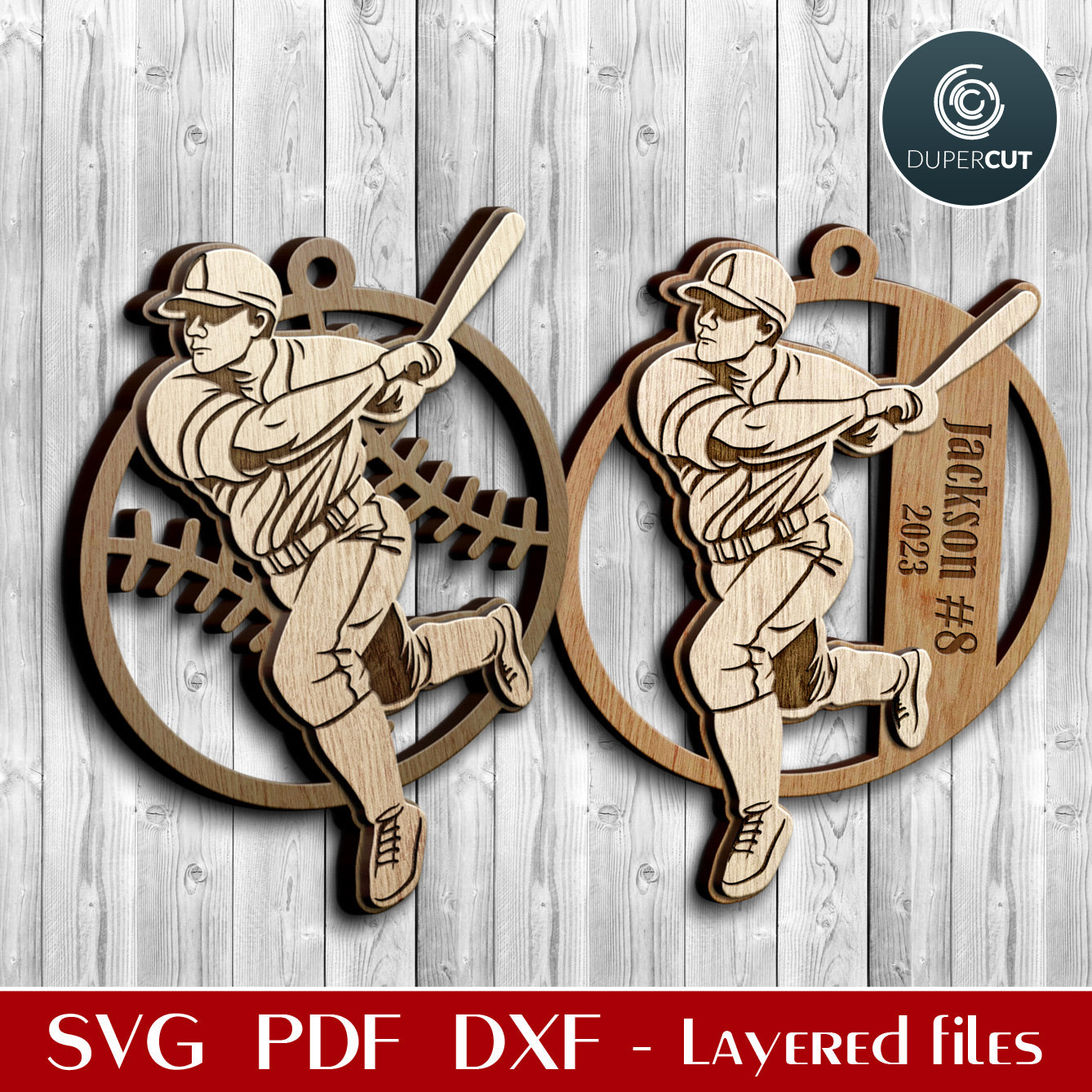 Baseball player sport Christmas ornament, cut and engrave - SVG vector layered file for Glowforge, Cricut, CNC plasma machines by www.DuperCut.com
