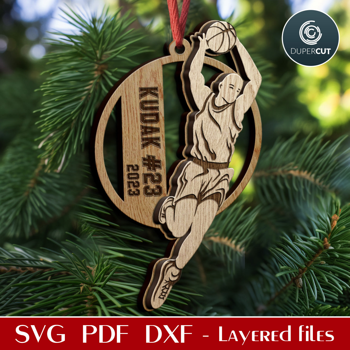 Basketball player personalized ornaments layered cut files template, Christmas tree decoration SVG files for Glowforge, Xtool, CNC laser machines, Cricut, by www.DuperCut.com