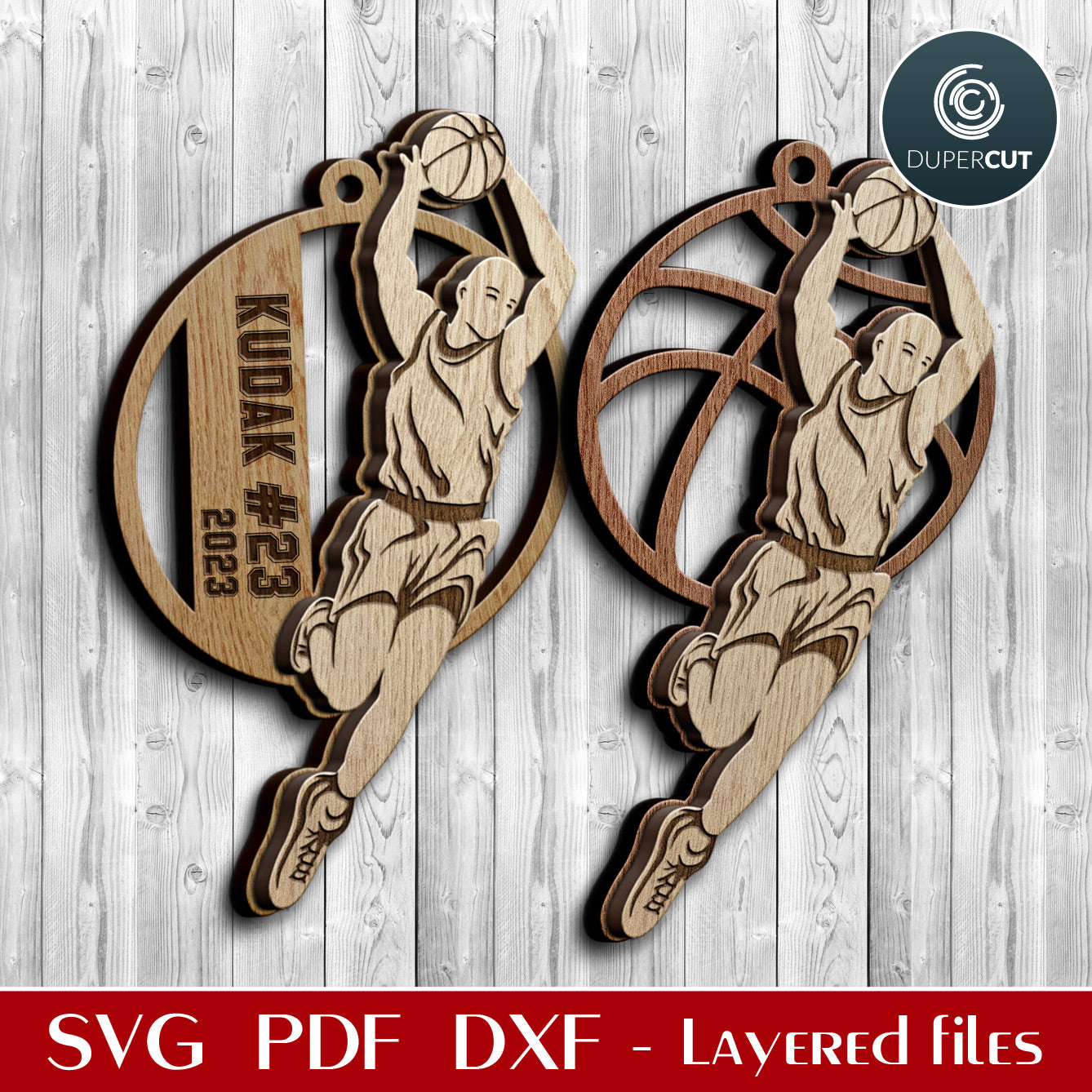 Basketball player ornaments layered cut files template, Christmas tree decoration SVG files for Glowforge, Xtool, CNC laser machines, Cricut, by www.DuperCut.com
