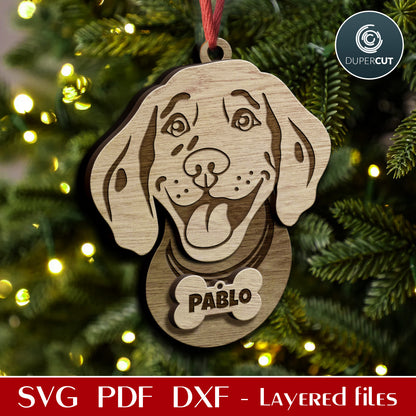Cute dog puppy ornament, add custom text, personalized Christmas gift, SVG layered files for laser cut machines Glowforge, Cricut, Silhouette, CNC plasma by www.DuperCut.com
