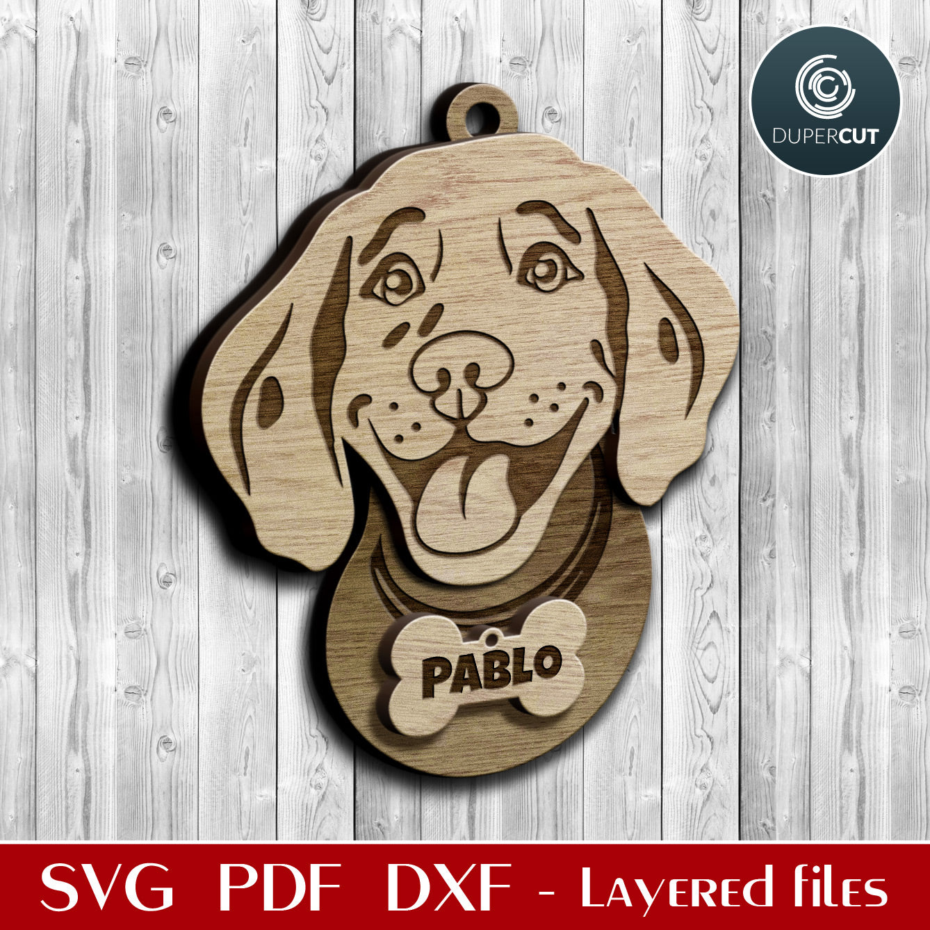 Cute dog puppy ornament, add custom text, personalized Christmas gift, SVG layered files for laser cut machines Glowforge, Cricut, Silhouette, CNC plasma by www.DuperCut.com