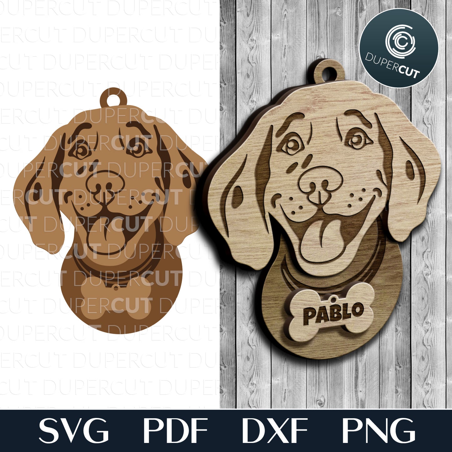 Cute dog puppy ornament, add custom text, personalized Christmas gift, SVG layered files for laser cut machines Glowforge, Cricut, Silhouette, CNC plasma by www.DuperCut.com