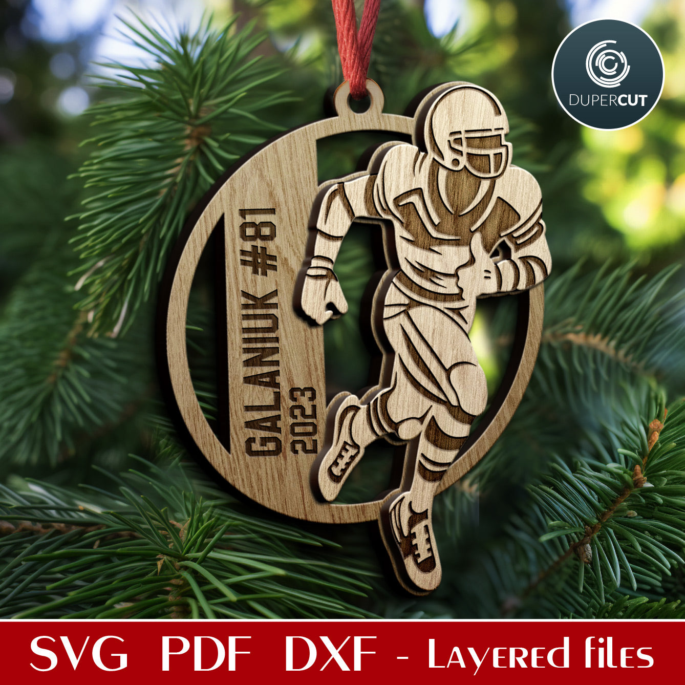 Personalized Football player ornaments layered cut files template, Christmas tree decoration SVG files for Glowforge, Xtool, CNC laser machines, Cricut, by www.DuperCut.com
