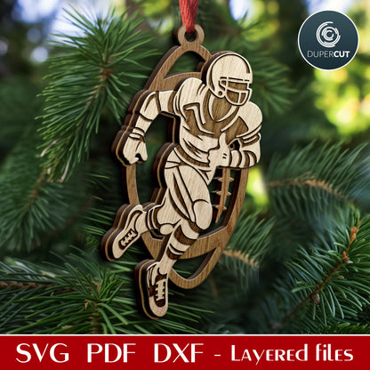 Football player Christmas ornament, DIY gift  layered SVG file, laser cut design for Glowforge, CNC plasma machines, Cricut by www.DuperCut.com