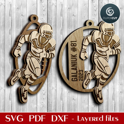 American football player Christmas ornament layered SVG file, personalize with custom text, laser cut design for Glowforge, CNC plasma machines, Cricut by www.DuperCut.com