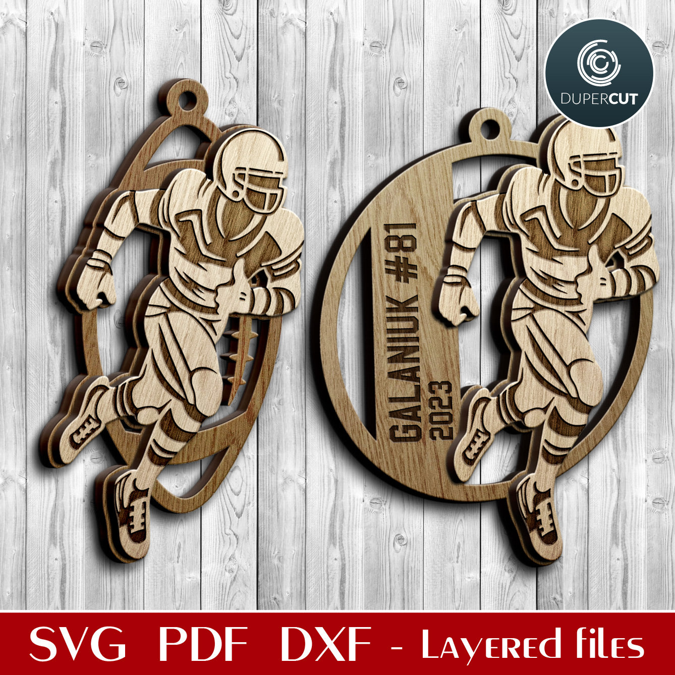 Football player ornaments layered cut files template, Christmas tree decoration SVG files for Glowforge, Xtool, CNC laser machines, Cricut, by www.DuperCut.com
