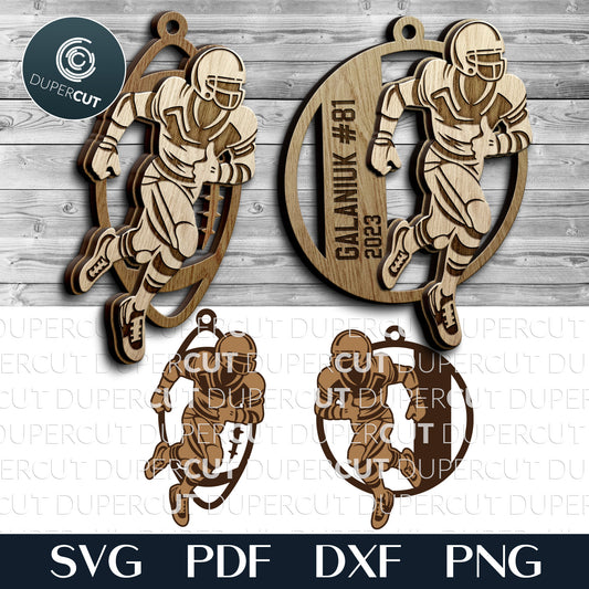 American football player Christmas ornament layered SVG file, personalize with custom text, laser cut design for Glowforge, CNC plasma machines, Cricut by www.DuperCut.com