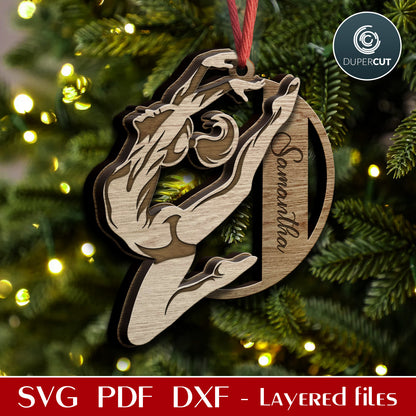 Gymnastics layered Christmas ornament, custom name, SVG vector laser cutting template for Glowforge, Cricut, Xtool, CNC plasma machines pattern by www.DuperCut.com