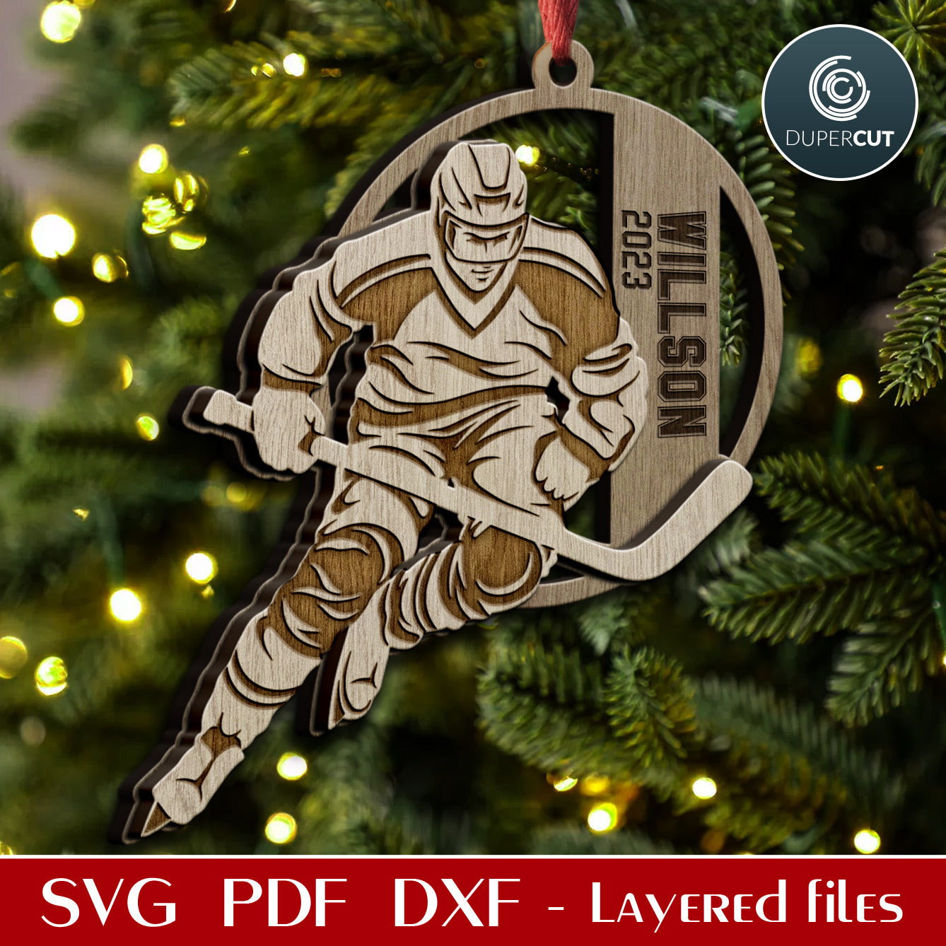 Hockey player Christmas ornament personalized gift, SVG layered vector cut file for laser engraving Glowforge, X-tool, Cricut, CNC plasma machines by www.DuperCut.com
