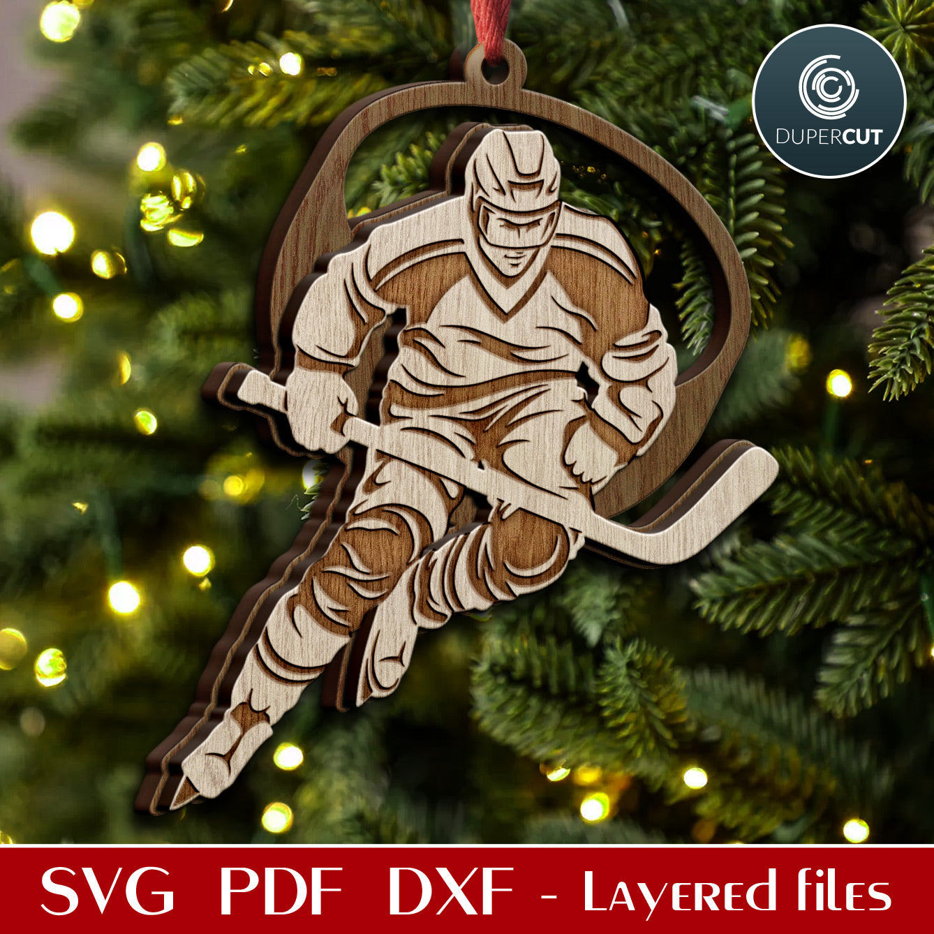 Sports holiday Hockey player ornament, SVG layered vector cut file for laser engraving Glowforge, X-tool, Cricut, CNC plasma machines by www.DuperCut.com