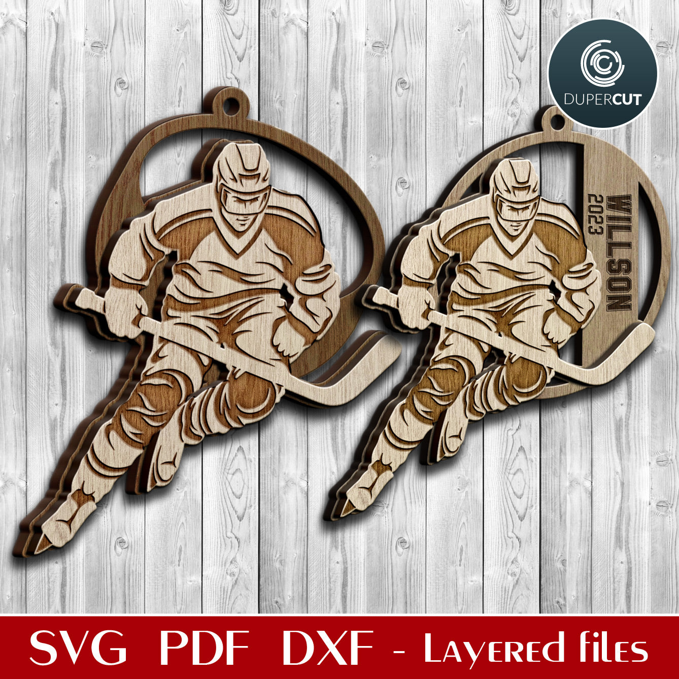 Hockey player ornaments layered cut files template, Christmas tree decoration SVG files for Glowforge, Xtool, CNC laser machines, Cricut, by www.DuperCut.com