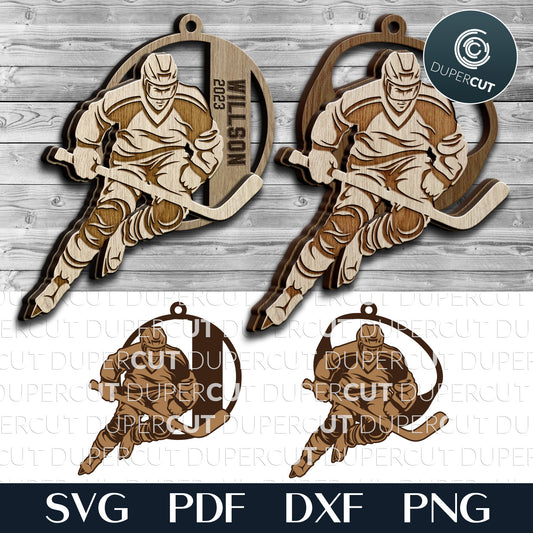 Hockey player Christmas ornament personalized gift, SVG layered vector cut file for laser engraving Glowforge, X-tool, Cricut, CNC plasma machines by www.DuperCut.com