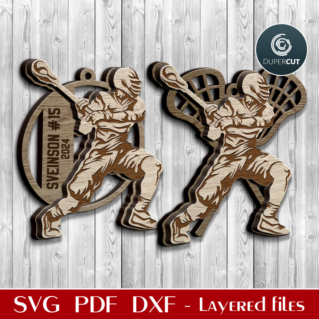 Lacrosse player Christmas diy personalized ornament vector SVG file for Glowforge, Xtool, Cricut, CNC laser machines by www.DuperCut.com