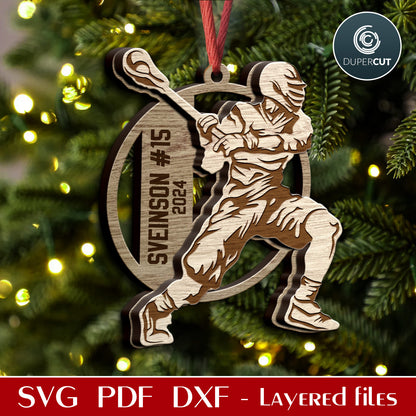 Lacrosse player Christmas diy personalized ornament vector SVG file for Glowforge, Xtool, Cricut, CNC laser machines by www.DuperCut.com