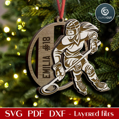 Ringette female hockey player sports personalized ornament SVG DXF layered vector pattern for laser cutting for Glowforge, Xtool, Cricut, CNC plasma machines by www.DuperCut.com