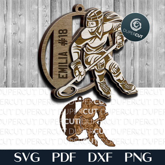 Ringette female player sports ornament SVG DXF layered vector pattern for laser cutting for Glowforge, Xtool, Cricut, CNC plasma machines by www.DuperCut.com