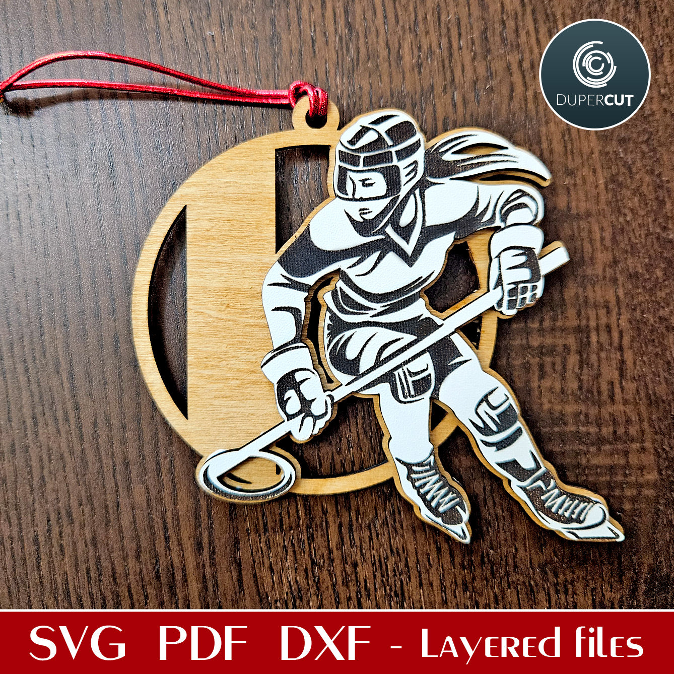 Ringette girl player sports ornament SVG DXF layered vector pattern for laser cutting for Glowforge, Xtool, Cricut, CNC plasma machines by www.DuperCut.com