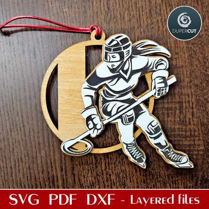 Ringette girl player sports ornament SVG DXF layered vector pattern for laser cutting for Glowforge, Xtool, Cricut, CNC plasma machines by www.DuperCut.com