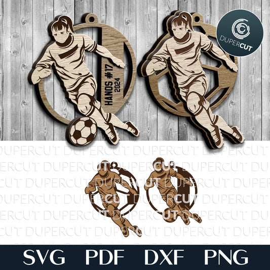 Soccer / football sports ornament, female player personalized layered SVG file for laser cutting with Glowforge, Xtool, CNC plasma machines, Cricut by www.DuperCut.com