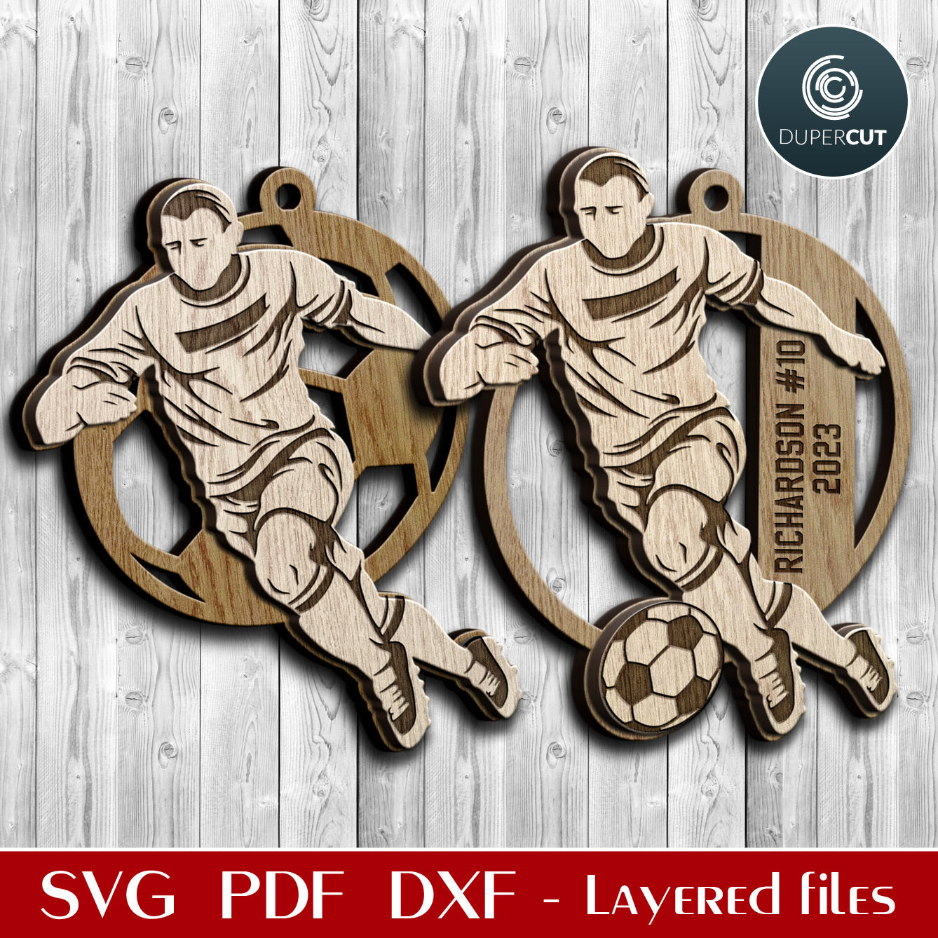 Soccer / football player ornaments layered cut files template, Christmas tree decoration SVG files for Glowforge, Xtool, CNC laser machines, Cricut, by www.DuperCut.com