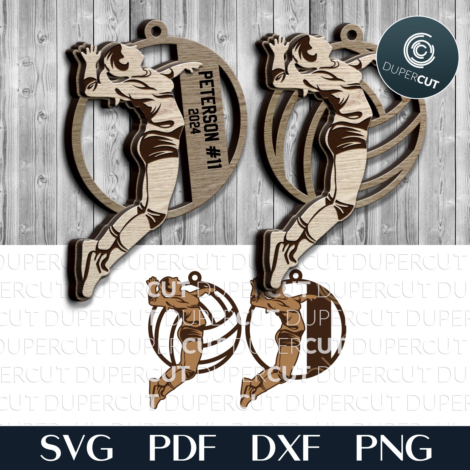 Female volleyball player ornament personalized gift, vector SVG layered file for laser cutting Glowforge, Xtool, CNC plasma, Cricut by www.DuperCut.com