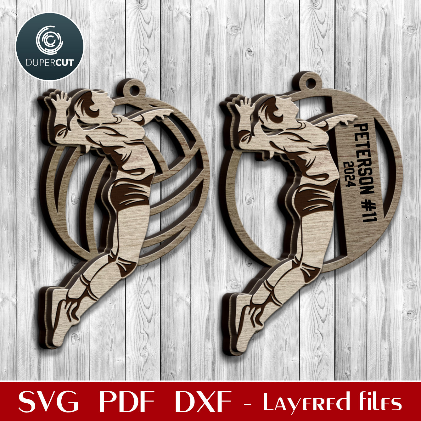 Female volleyball player ornament personalized gift, vector SVG layered file for laser cutting Glowforge, Xtool, CNC plasma, Cricut by www.DuperCut.com