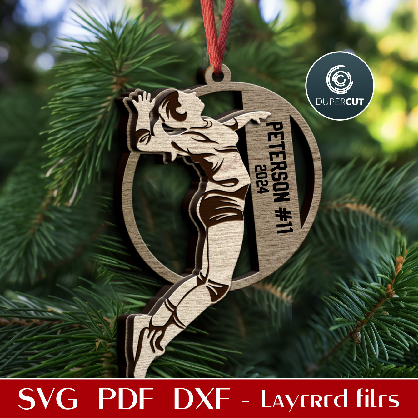 Female volleyball player, girls team ornament personalized gift, vector SVG layered file for laser cutting Glowforge, Xtool, CNC plasma, Cricut by www.DuperCut.com