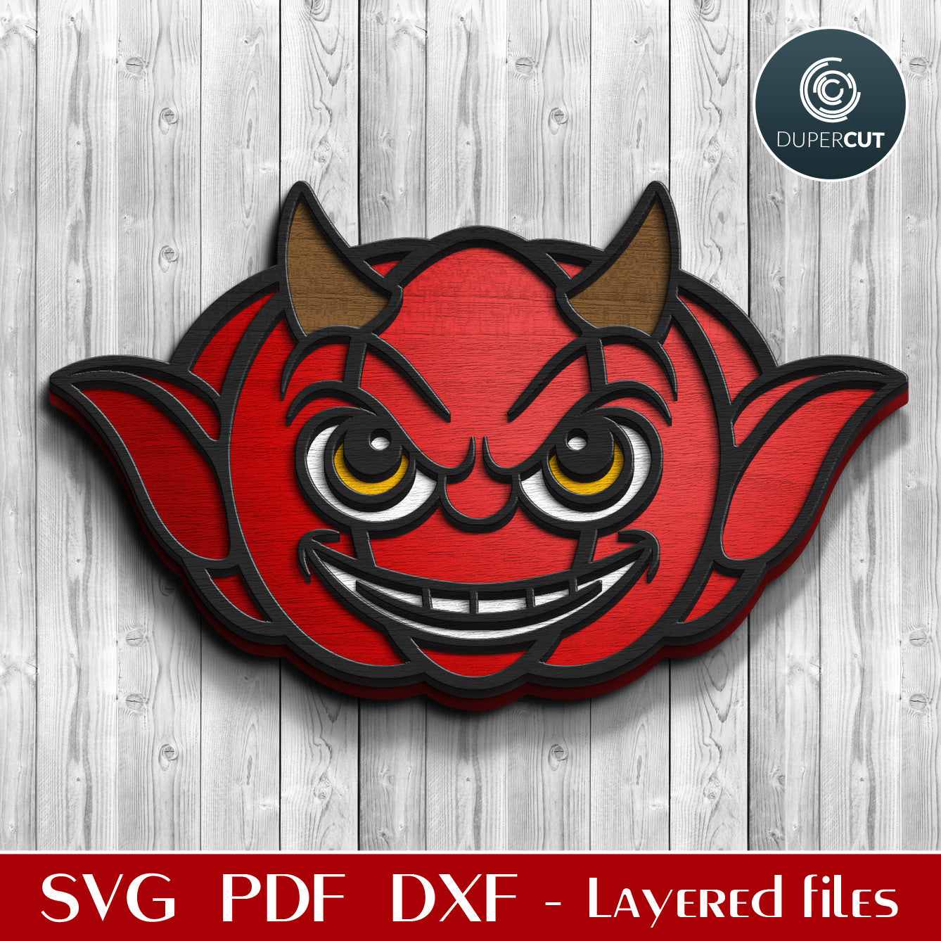 Devil pumpkin character - cute Halloween decoration door hanger - SVG DXF vector files for laser cutting machines, scroll saw pattern, Glowforge, xtool, cricut, CNC plasma machines by www.DuperCut.com