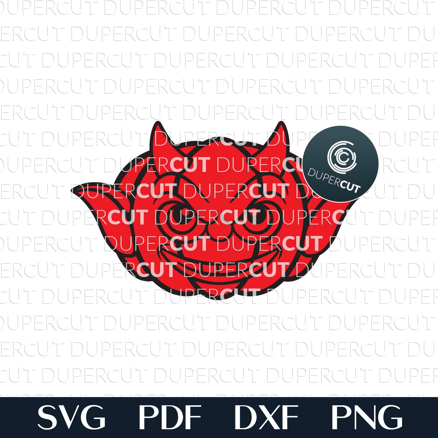 Devil pumpkin character - cute Halloween decoration door hanger - SVG DXF vector files for laser cutting machines, scroll saw pattern, Glowforge, xtool, cricut, CNC plasma machines by www.DuperCut.com