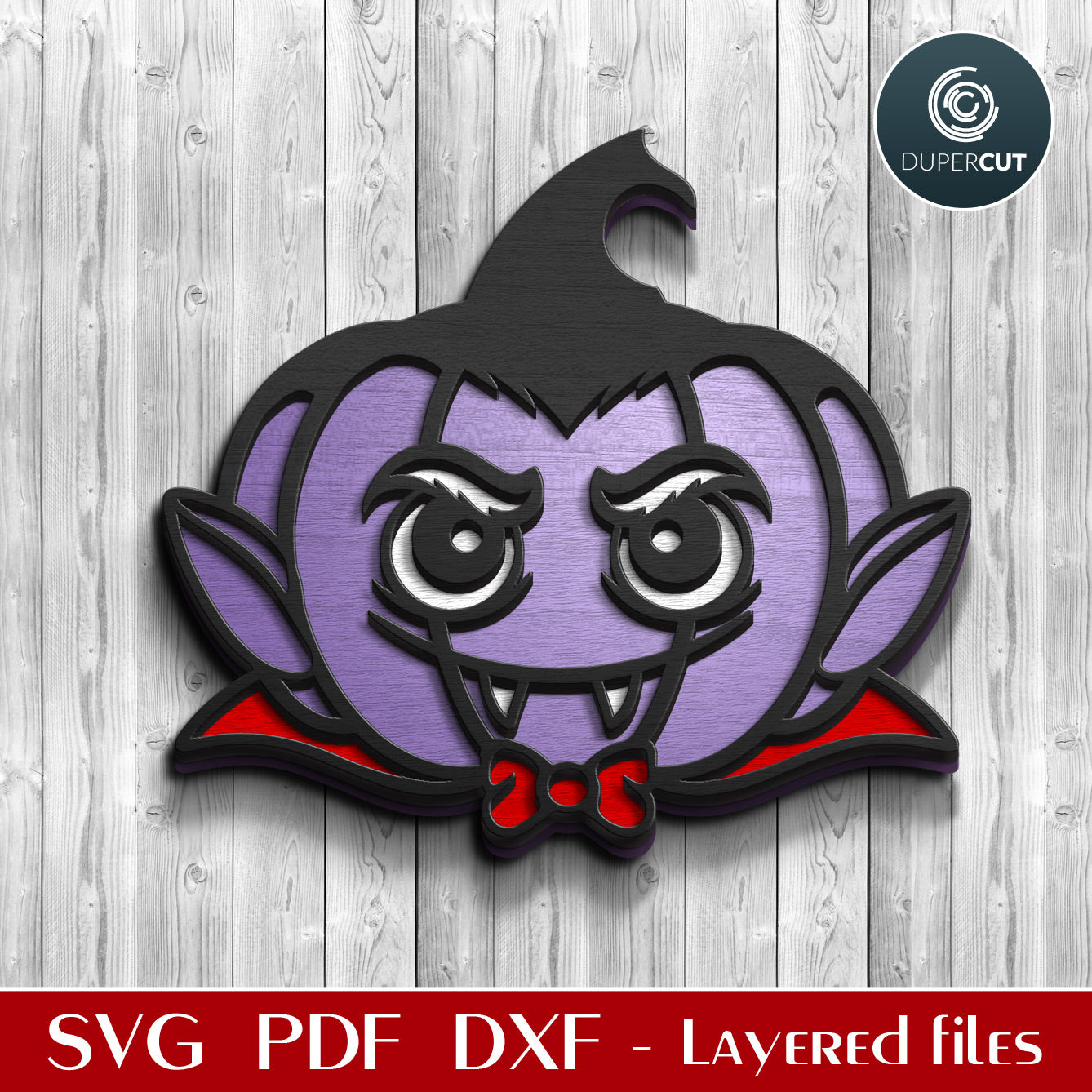 Dracula vampire pumpkin character - cute Halloween decoration door hanger - SVG DXF vector files for laser cutting machines, scroll saw pattern, Glowforge, xtool, cricut, CNC plasma machines by www.DuperCut.com